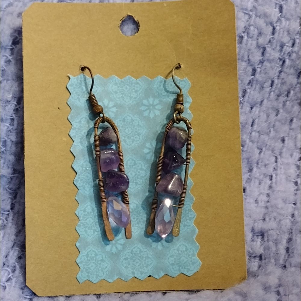 Blue gold brass drop dangle earrings beaded gift handmade ooak jewelry beads